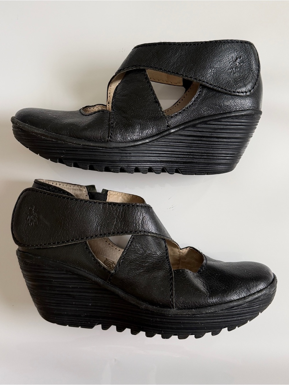 Fly London Black Leather Wedge Mary Jane Sandals